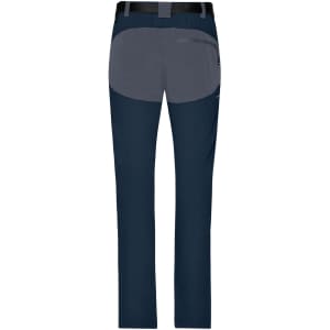 A pair of ladies' trekking pants in navy with grey sections, featuring a logo on the back.