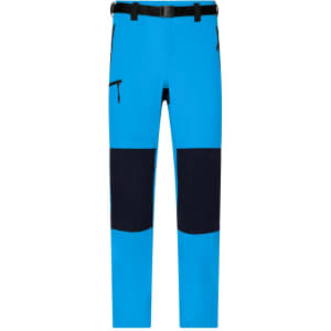 Bright blue trekking pants with black patches and a belt, featuring multiple zippered pockets and a logo.