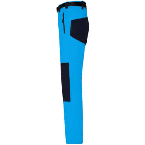 Men's trekking pants in bright blue with navy accents and pockets. Features a zippered pocket and a branded logo.