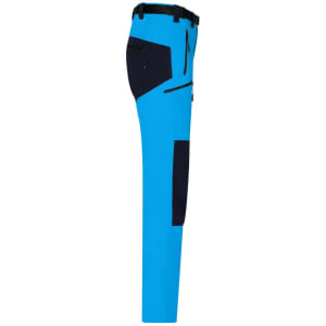 Bright blue mens trekking pants with dark navy accents and multiple pockets, featuring a branding logo.