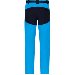 Bright blue trekking pants with a black panel at the back and a belt. Features a logo on the waistband.