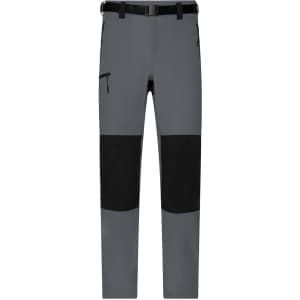 Men's trekking pants in grey with black knee patches and a belt, featuring pockets and a sleek design.