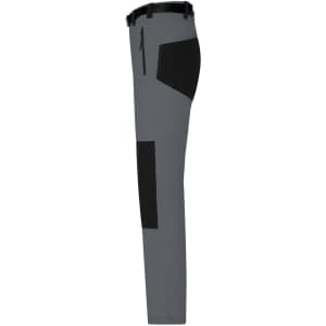 Men's trekking pants in grey with black panels, designed for durability and comfort. Features zippered pockets and a logo.