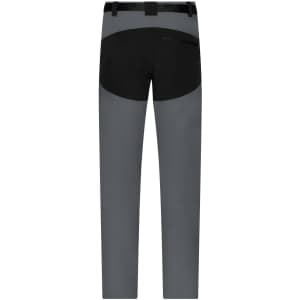 Men's trekking pants in grey with black panel detailing, featuring a logo on the waistband.