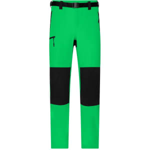 Bright green men's trekking pants with black accents, featuring pockets and a belt. Includes branding details.