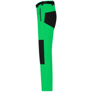 Vibrant green trekking pants with black accents, featuring multiple pockets and a logo.
