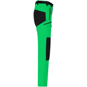 Bright green trekking pants featuring black accents and multiple pockets. Includes a logo on the waistband.