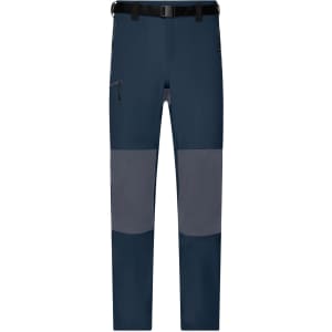 Men's trekking pants in navy with grey panel detailing, featuring pockets and a belt. Suitable for outdoor activities.