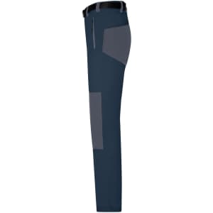 Men's trekking pants in navy blue with grey patches, featuring a side zip pocket and a belt.