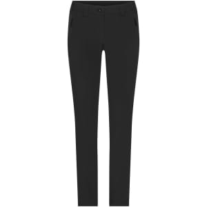 A pair of black ladies' slacks with a slim fit and two front pockets, featuring a button closure.