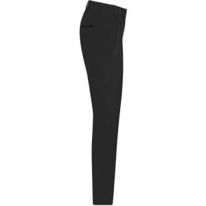 A pair of black ladies' slacks displayed from the side, featuring a slim fit and a pocket on the side.