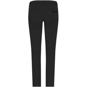Black ladies' slacks with a fitted design and a back pocket, featuring a logo on the waistband.