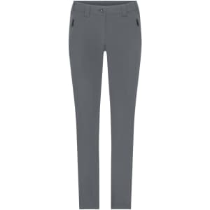Grey ladies' slacks with a slim fit, featuring side pockets and a banded waist. Includes a logo on the waistband.