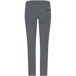 A pair of grey ladies' slacks featuring a sleek design and a back pocket, with a small logo present.