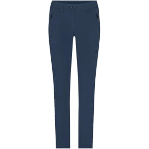 A pair of navy ladies' pants with a slim fit and side pockets, featuring a logo on the waistband.