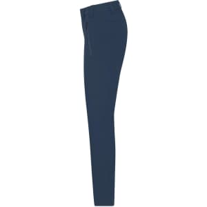 A pair of navy ladies' pants featuring a slim fit design and a zip pocket on the side.