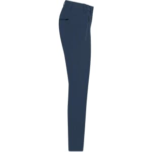 Navy blue ladies' slacks featuring a sleek, fitted design with pockets and a branding logo.
