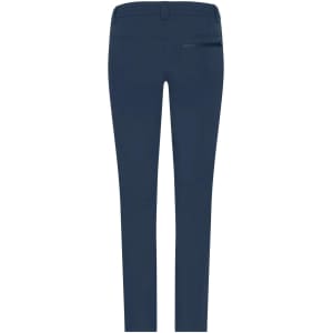 Navy blue ladies' pants featuring a slim fit design and a back pocket, with a logo on the waistband.