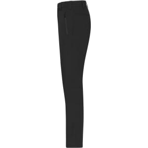 Black cargo pants featuring a slim fit and zippered pocket, with a logo on the waistband.