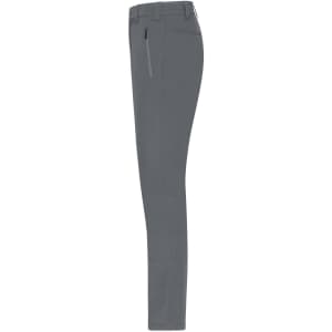 A pair of grey cargo pants displayed from the side, featuring a zip pocket and a logo.