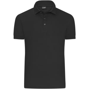 A black men's mercerised polo shirt with a three-button placket and short sleeves, featuring a logo.