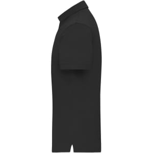 A black men's mercerised polo shirt with a classic collar and short sleeves. It features a branding logo.