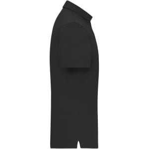 A black men's mercerised polo shirt featuring a classic collar and short sleeves. It includes a logo on the design.