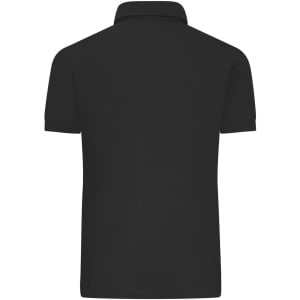 A black polo shirt featuring a collar, short sleeves, and a simple design. It has a logo on the side.