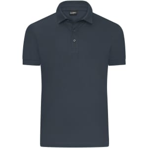 A navy blue men's mercerised polo shirt with a three-button placket and a logo on the chest.