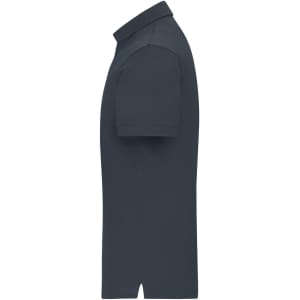A dark navy men's mercerised polo shirt featuring a collar and short sleeves, with a logo on the chest.
