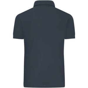 A navy blue men's mercerised polo shirt featuring a collar and short sleeves, with a branding logo.