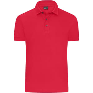A red mercerised polo shirt with a collar and three buttons, featuring a small logo.