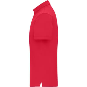 A red men's mercerised polo shirt featuring a classic fit and short sleeves. It has a branding logo.