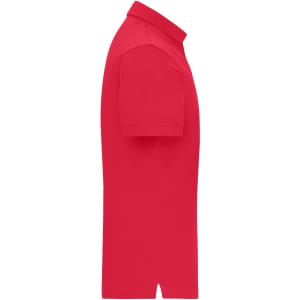 A red men's mercerised polo shirt featuring a classic collar and short sleeves, with a logo on the chest.