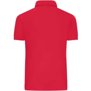 A red men's mercerised polo shirt with a classic collar and short sleeves, featuring a logo.