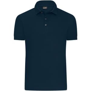 A navy blue men's mercerised polo shirt with a collar and three buttons. It features a logo on the chest.
