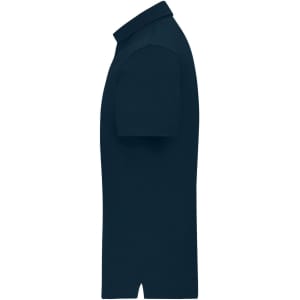 A navy men's mercerised polo shirt with short sleeves and a classic collar. Features a logo on the design.