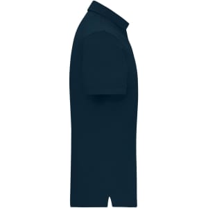 A navy men's mercerised polo shirt featuring short sleeves and a collar. It has a logo on the chest.