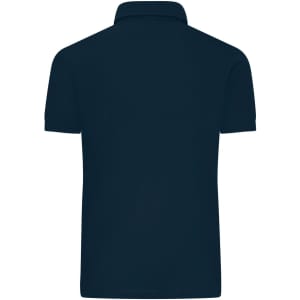 A navy blue men's mercerised polo shirt with a collar and short sleeves. It features a logo on the back.