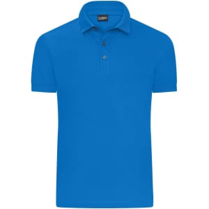 A bright blue men's mercerised polo shirt with a collar and three buttons at the neck. Features a logo.