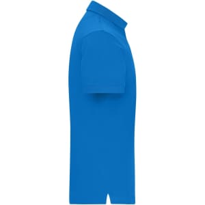 A blue men's mercerised polo shirt displayed from a side angle, featuring short sleeves and a collar.