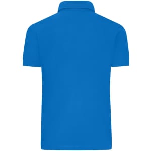 A blue men's mercerised polo shirt featuring a classic collar and short sleeves, with a logo on the back.