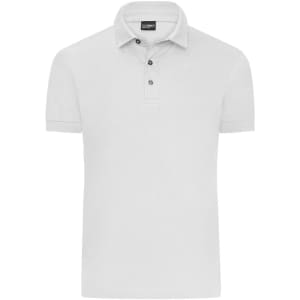 A white men's mercerised polo shirt with a collar and three buttons, featuring a logo on the label.