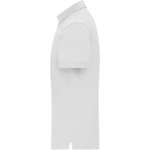 A side view of a white men's polo shirt featuring a collar and short sleeves, with a logo.