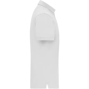 A white men's mercerised polo shirt with short sleeves and a collar, featuring a logo on the side.