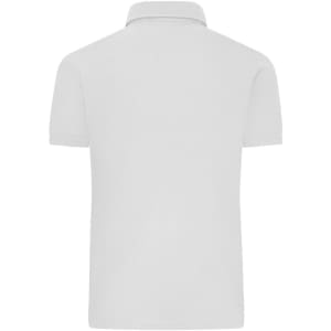 A white men's mercerised polo shirt with a collar and short sleeves. Features a logo on the back.