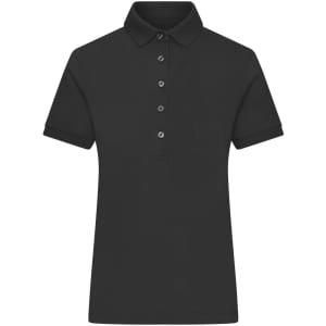 A black ladies' mercerised polo shirt featuring a classic collar and buttoned placket. It has a logo on the front.