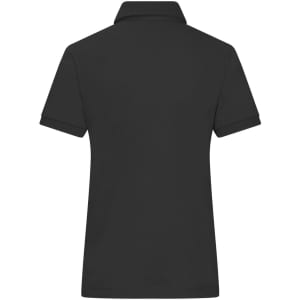A ladies' black mercerised polo shirt featuring a classic polo collar and short sleeves, with a logo on the side.