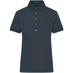 A navy ladies polo shirt with a collared neck and buttoned placket, featuring a logo on the chest.