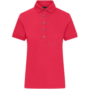 A red ladies' polo shirt with a collar and buttons, featuring a logo on the chest.